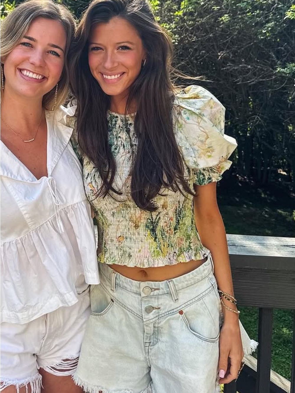 H&M Green Floral Smocked Puff-Sleeve Crop Top